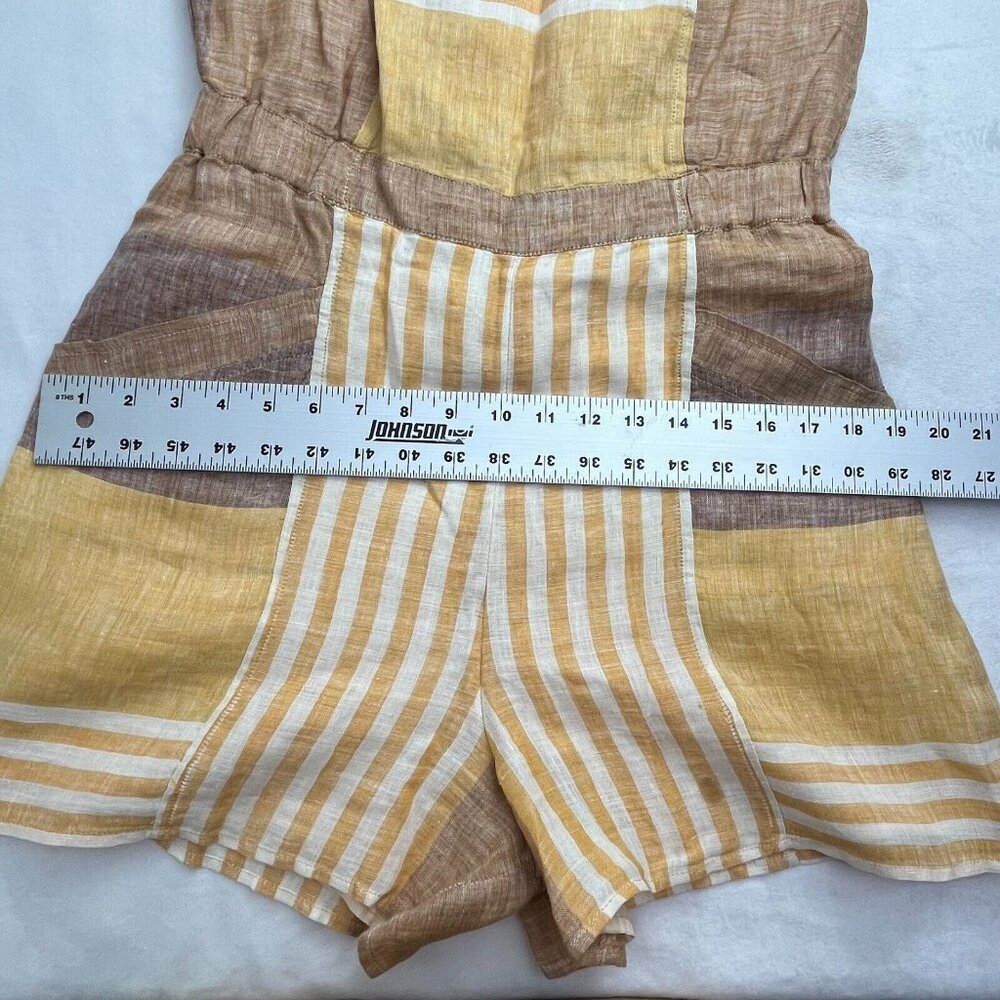 Anthropologie Ett Twa Linen Wesley Striped Romper Size 8 Brown/Yellow Pockets - Picture 9 of 11